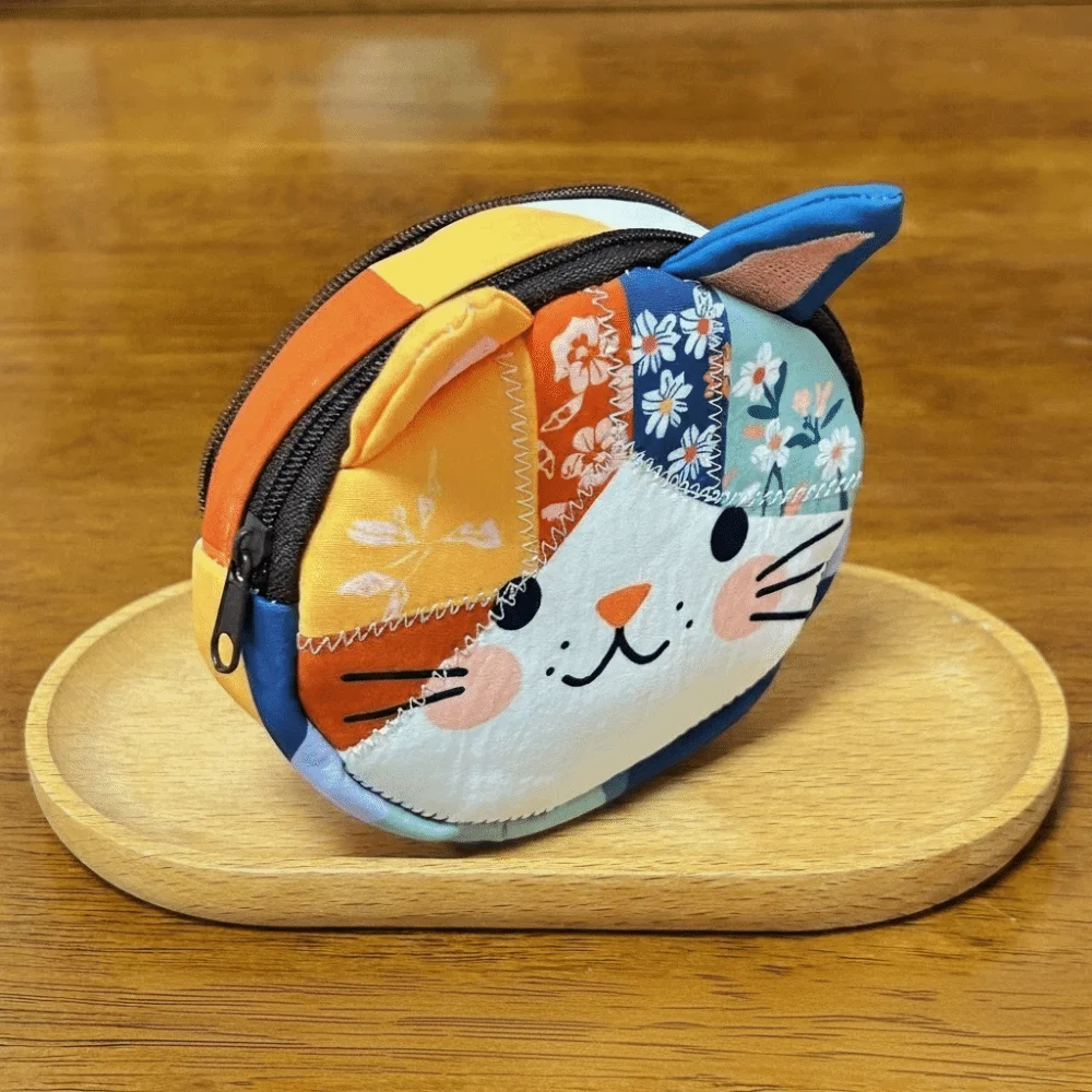 Portable Patchwork Coin Purse Small Size Zipper Design Cat Storage Case Cute Pattern Large Capacity Stationery Pouch Travel