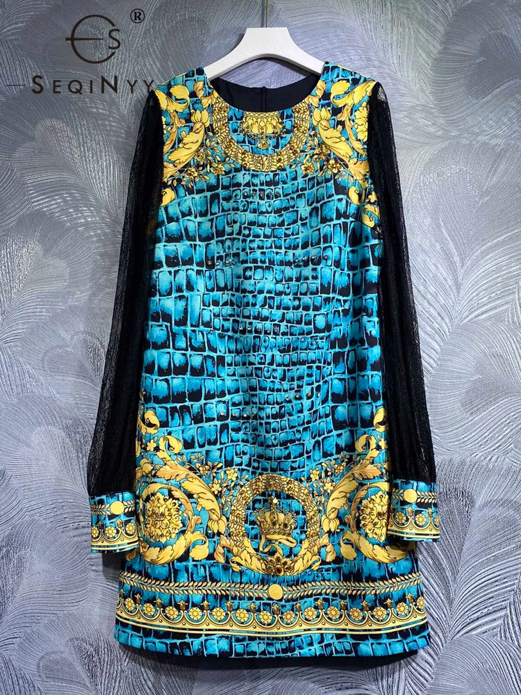 

SEQINYY Mini Dress Summer Spring New Fashion Design Women Runway High Street Beading Vintage Flower Blue Golden Flower Print