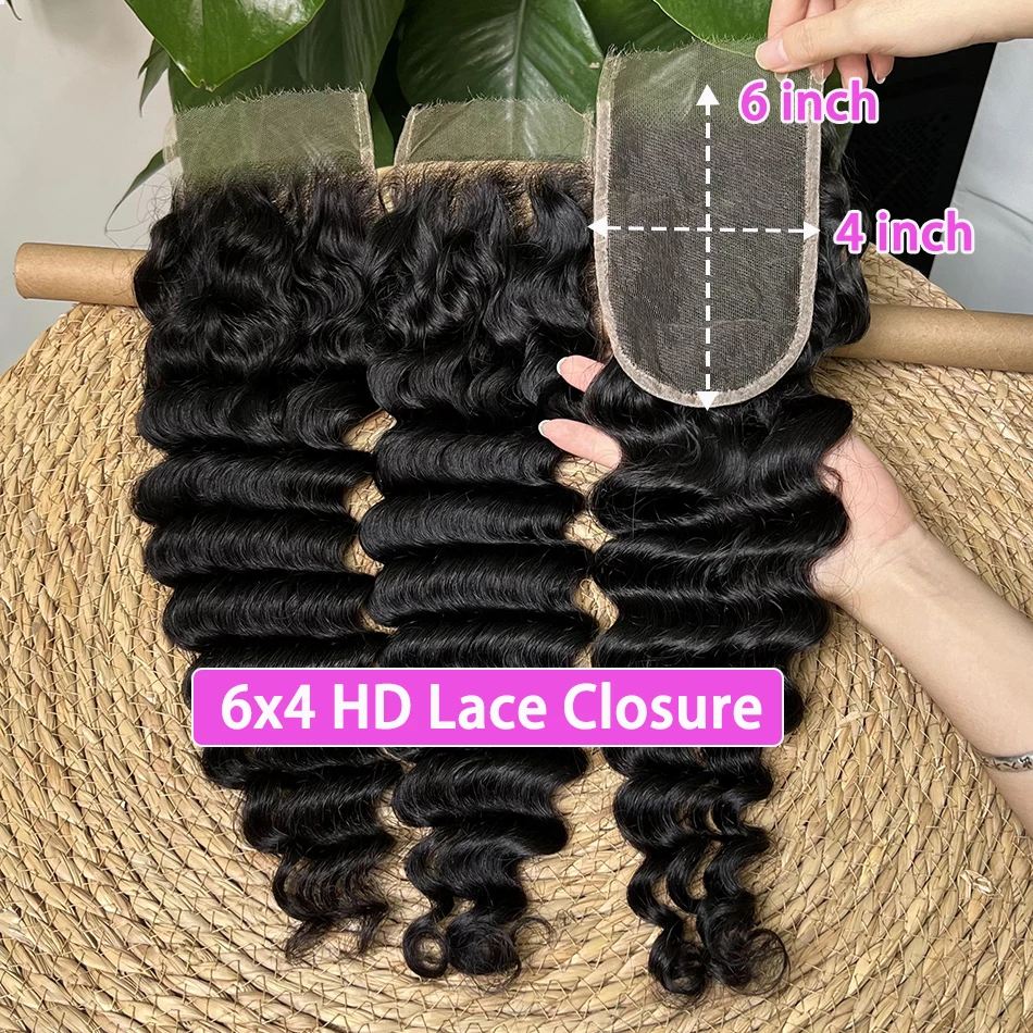 

Deep Wave 4x6 HD Lace Closure Human Hair Preplucked Bleached Knots Invisible Lace #1B Natural Color 100% Raw Virgin Human Hair