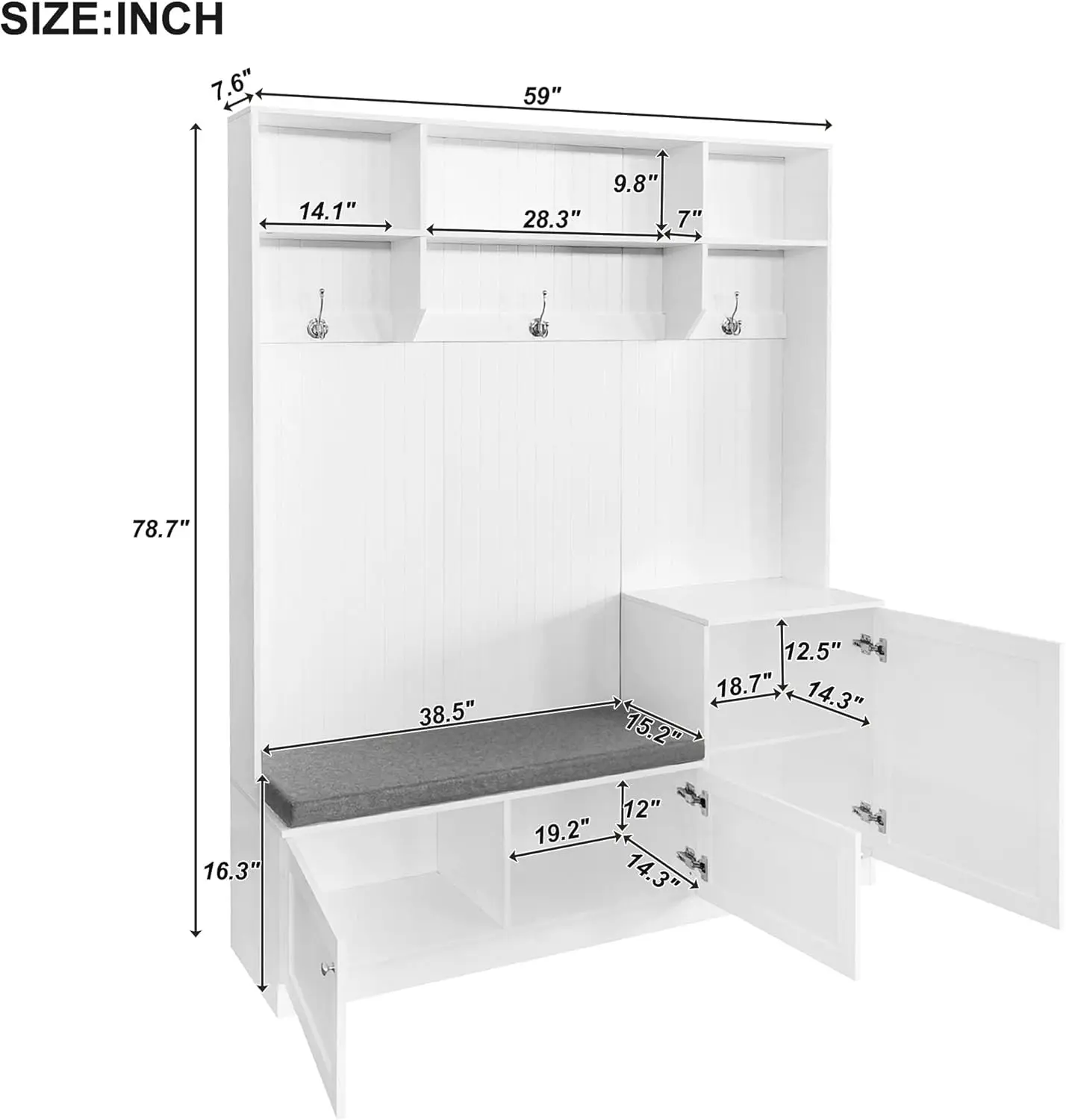LUMISOL Entryway Hall Tree with Bench and Cushion, 59