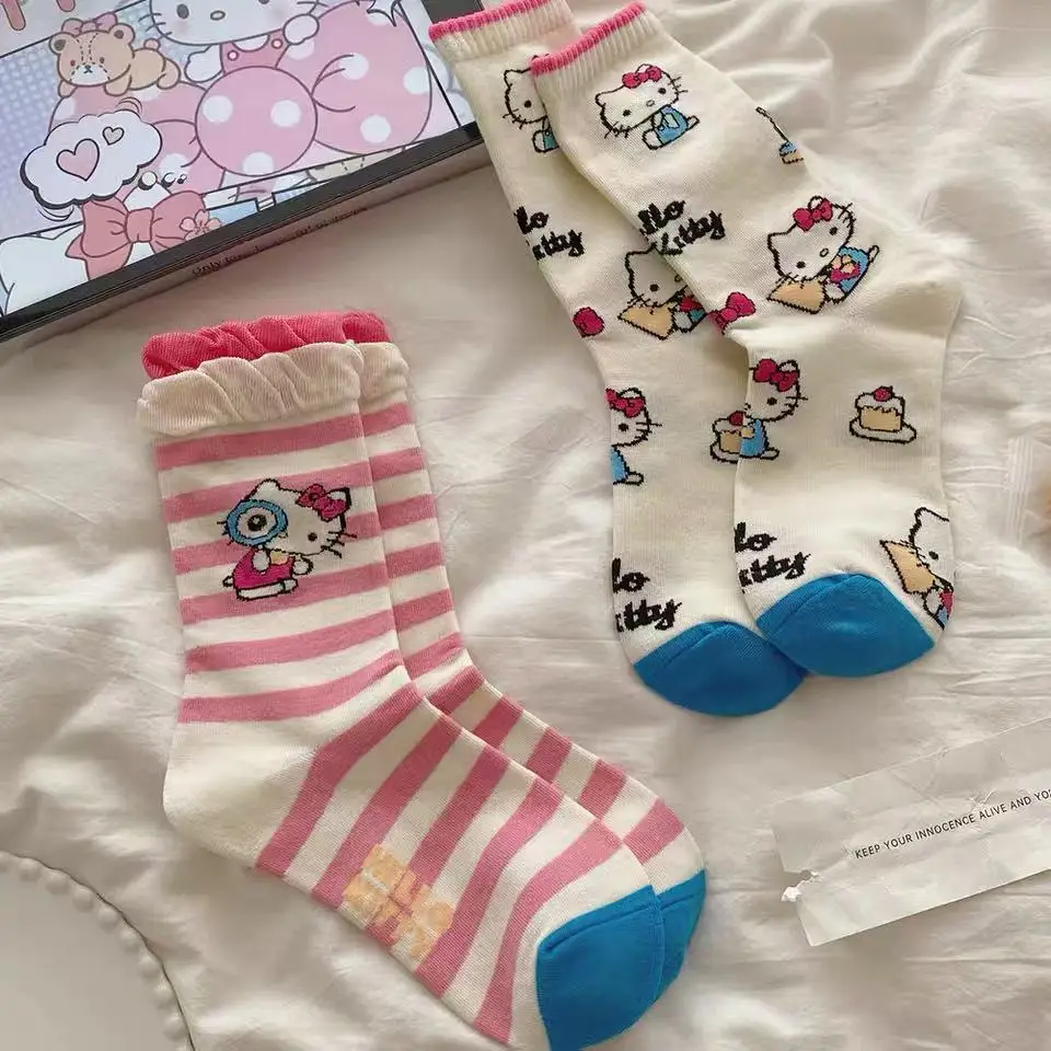 2 Pairs of Hello Kitty Women's Round Neck Socks Cute Cartoon Printed Pleated Lace Striped Socks Sweet Girls' Casual Calf Socks