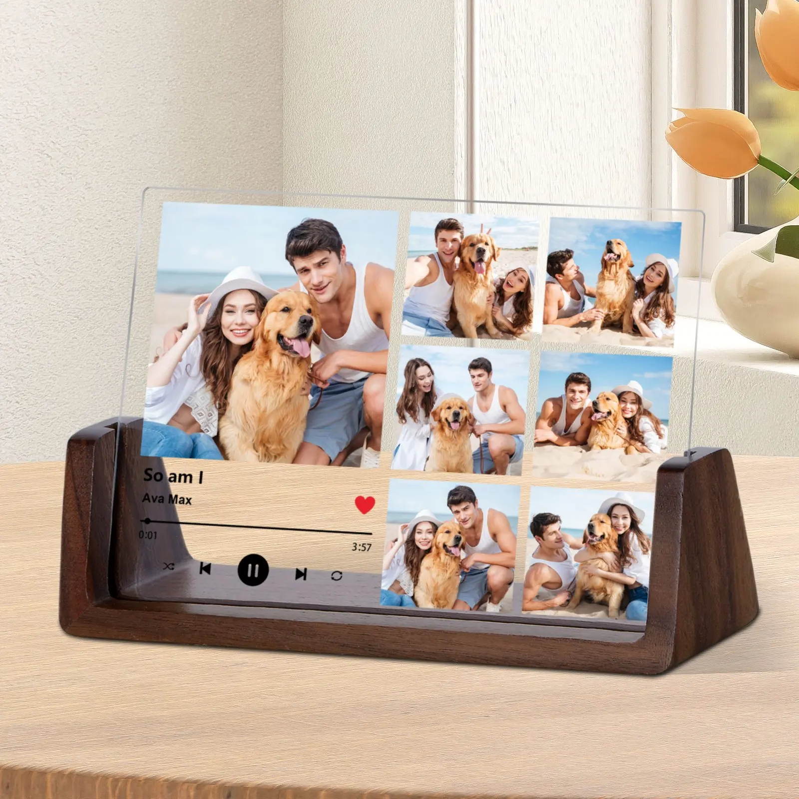 Customized Acrylic Photo Frame Personalized Music Code Picture Plaque with Wooden Stand Valentines Day Gifts for Couple Lover