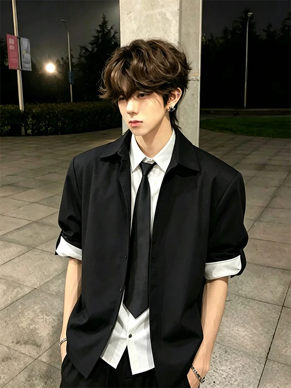 American Style Long Sleeve Shirt Men's Casual Fashion DK Tie Fake Two-Piece Design Spring Autumn High Waist College Style Jacket