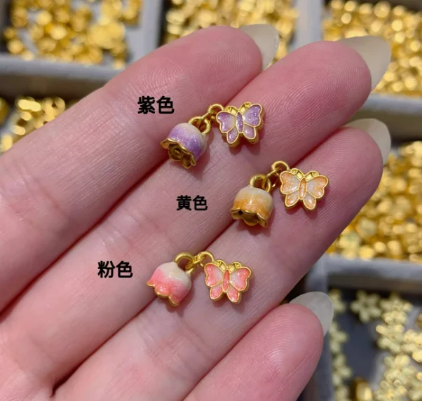 

999 real gold flower pendants fine gold butterfly charms 24k gold paint jewelry accessories