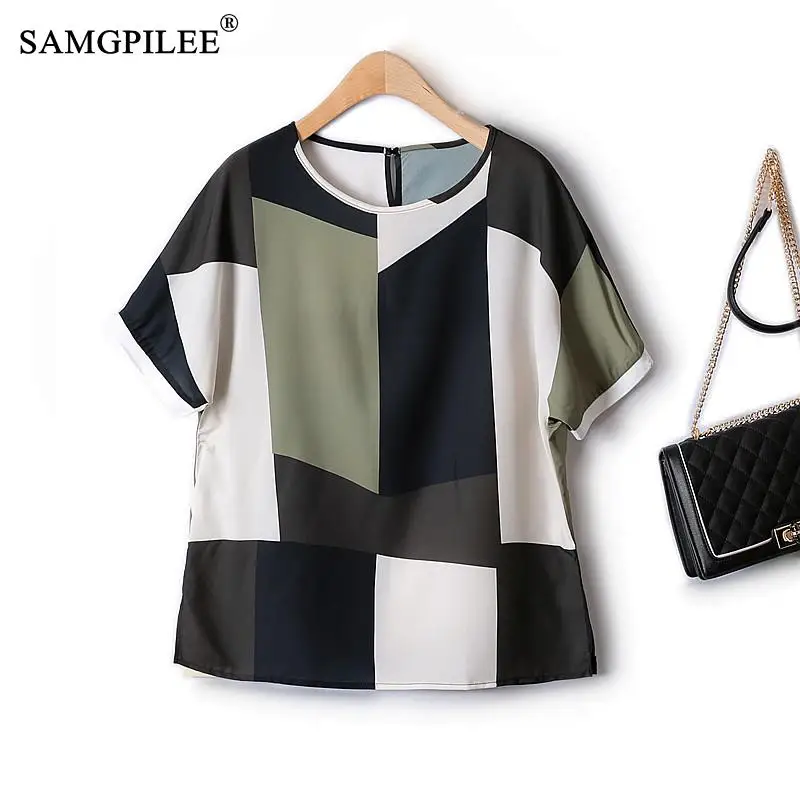 

Fashion Women Blouses 2022 Elegant Summer Geometric Figure Contrasting Korean Style O Neck Raglan Sleeves Loose Chiffon T-shirts