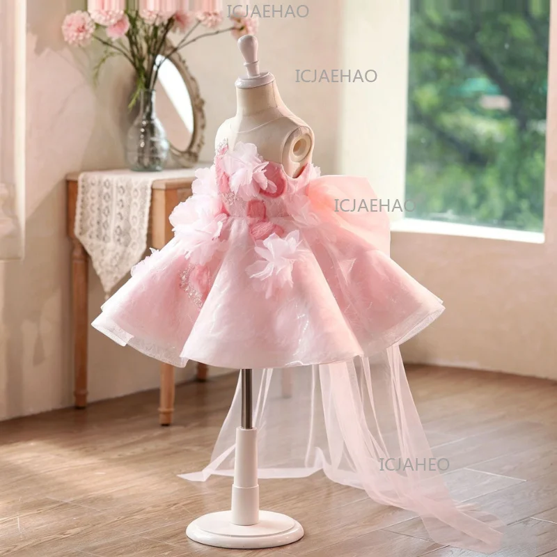 2026 Children Girls Host Gown Pink Floral Kids Performance Flower Girl Birthday Party Piano Performance Princess Dress Costume