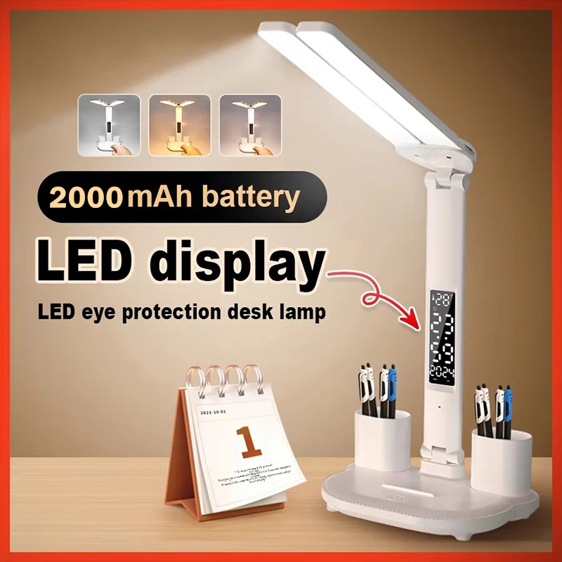 

LED Clock Table Lamp USB Chargeable Dimmable Desk Lamps 2 Heads 180 Rotate Foldable Eye Protection Desktop Reading Night Lights