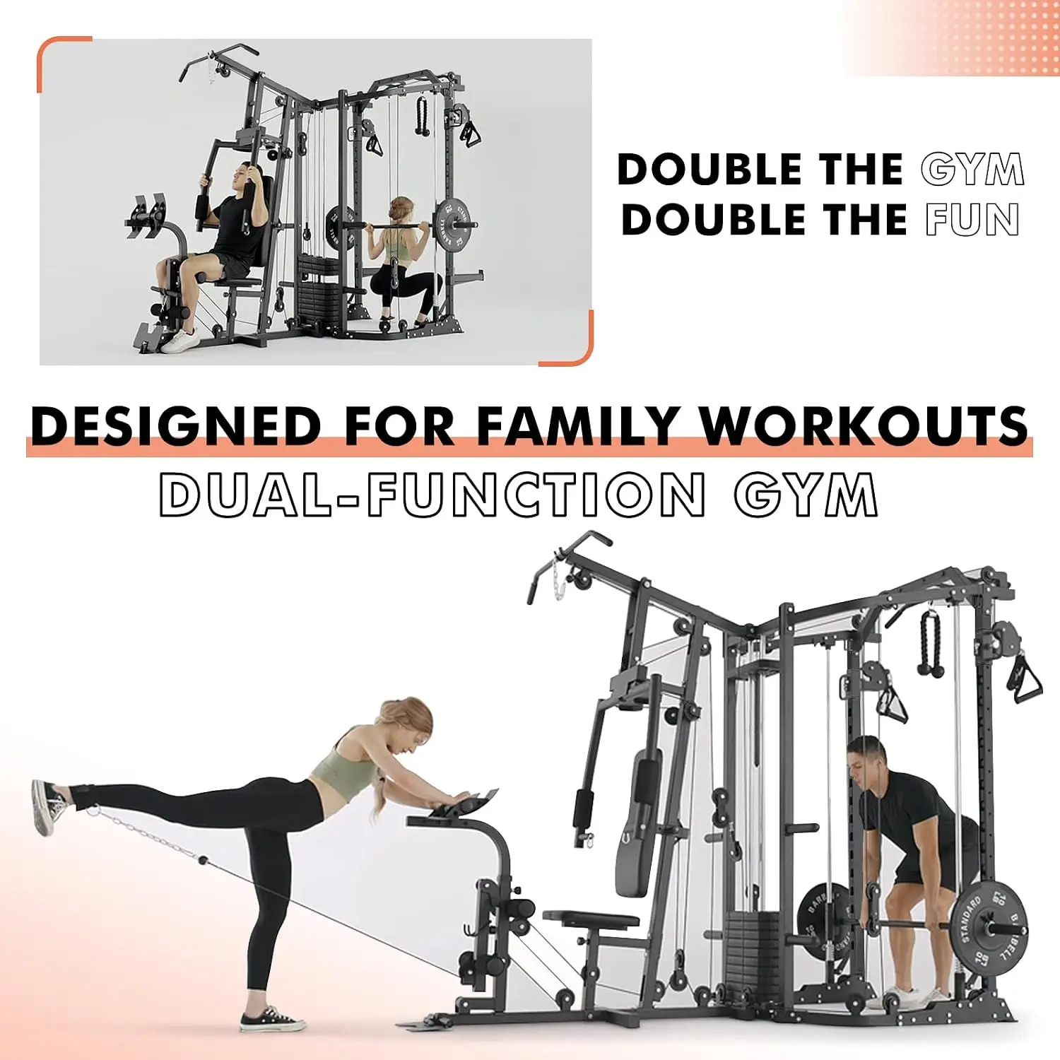 Dual-Station SmithΔ Machine Power Cage, All-in-One Home Gym Workout Station with 121LB Weight Stacks & Cable Crossover,, Custom