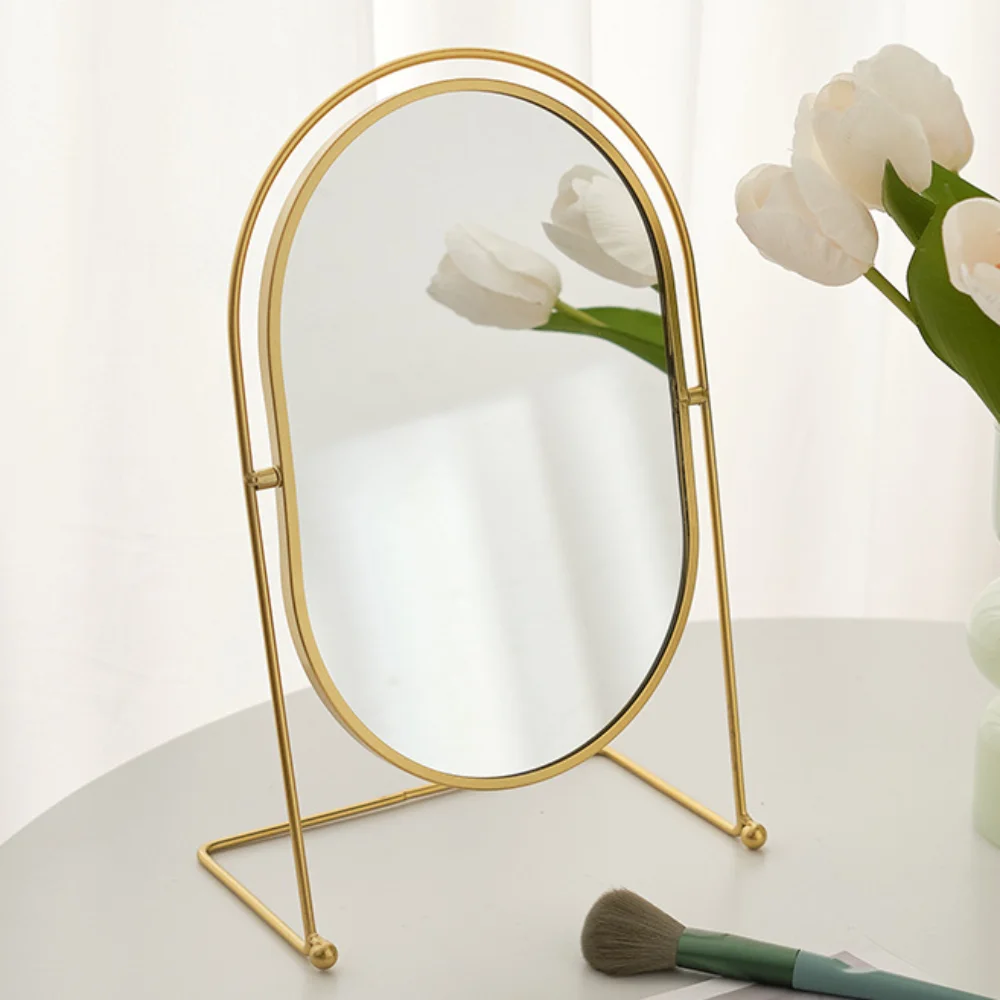 Iron Art Nordic Makeup Mirror 360° Rotatable Iron Frame Vanity Mirror Oval Simple Desktop Cosmetic Mirror Student Dormitory