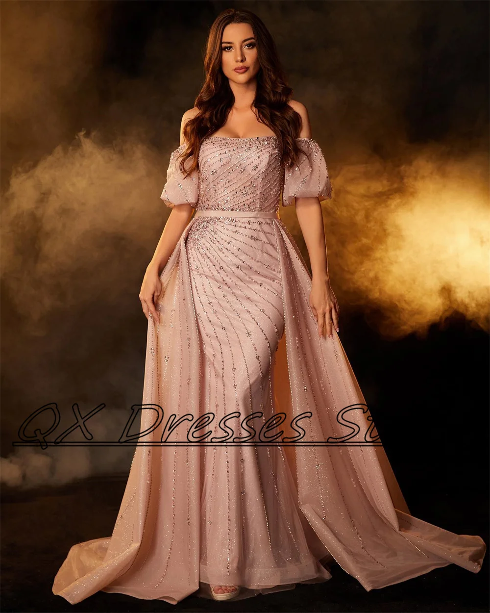 Customized Exquisite es for Women Boat Neck Off the Shoulder Beading Straight Sweep Train Evening Gown فساتين مناسبة رسمية