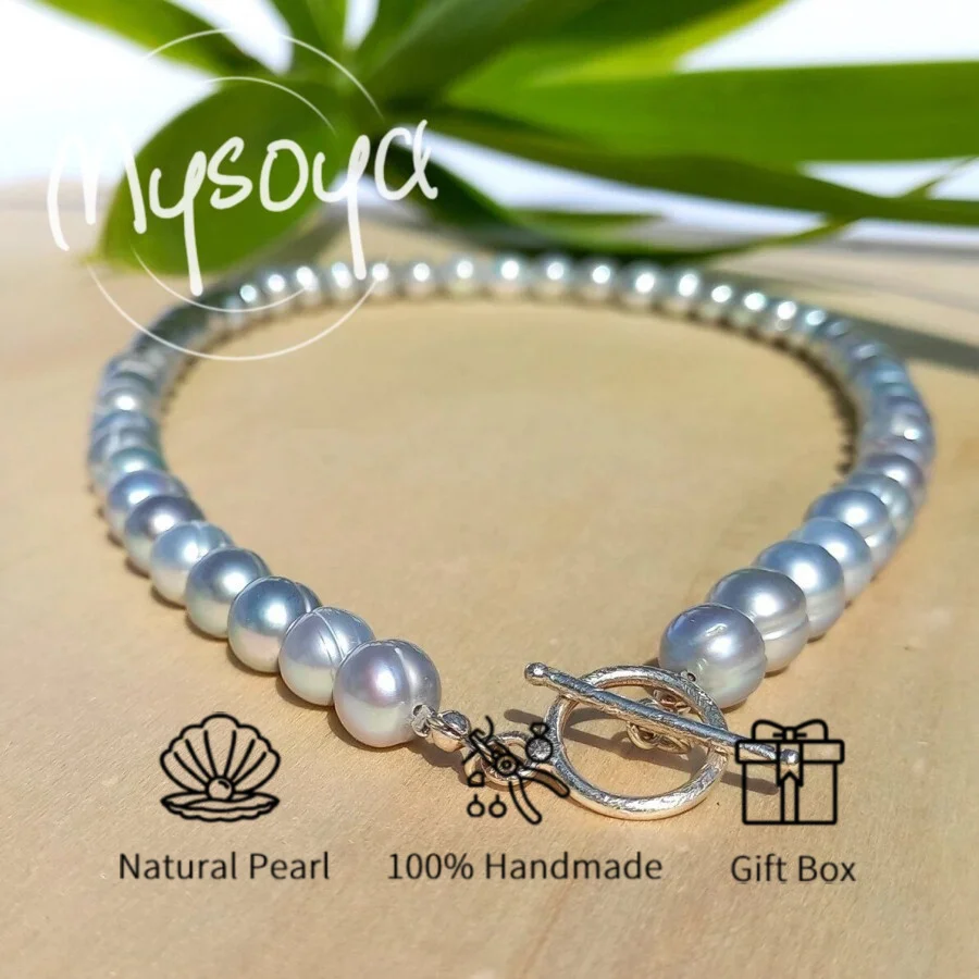 

MYSOYA 7-8mm Natural Grey Freshwater Pearl Bracelet For Women And Men With Gift Box Perfect Birthday Wedding Christmas Gift