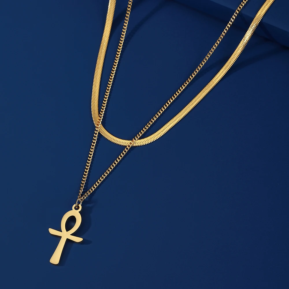 Dawapara Ankh Halskette Ägypten Koptischen Kreuz Charme Doppel Schicht Schlange Kette Edelstahl Frauen Halskette Amulett Religiöse – Detail 10