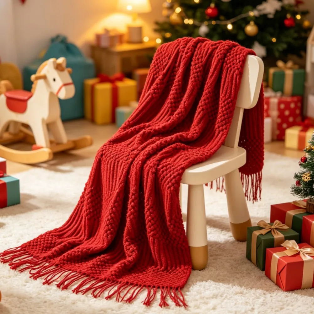 Red Boho Chunky Knitted Throw Blanket Textured Vintage Luxury Bedspread Sofá Cover Big Size Manta Para Sofá Christmas Gift