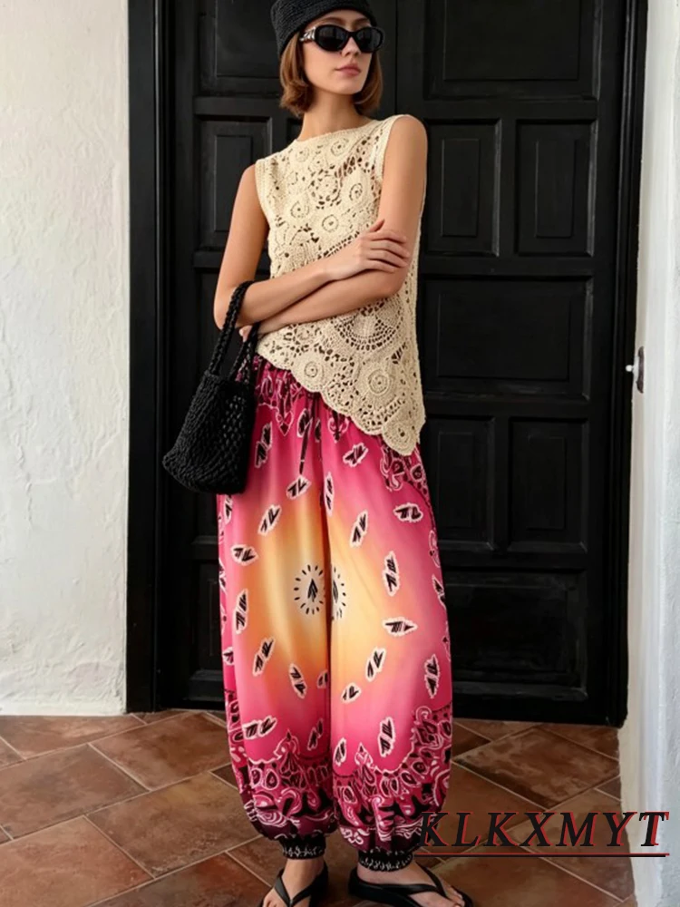 Fashion Vintage Print Pants Women Pants Casual Loose With Pockets Wide Leg Trousers Summer Autumn New