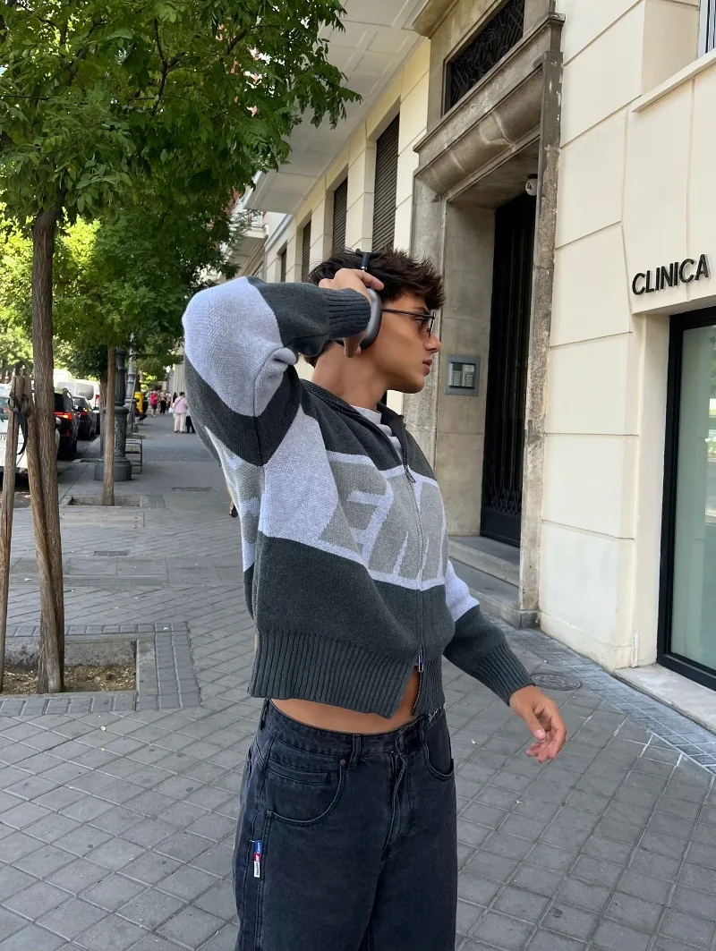 EMESTUDIOS Harajuku épissé ​ ​ Pull en tricot à fermeture éclair pour femmes, pull décontracté à la mode, American Street Y2K, manteau brodé de lettres