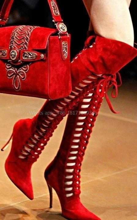 

Hollow Pointed Toe Suede Red Wedding Sexy Boots Lady Stiletto High Heel Pointed Toe Lace up Boots Women ThighHigh Luxury Shoes