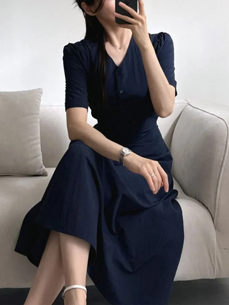 

New Solid Color Slim Casual Women Dress Black Navy Blue Pink High Waist V-neck Dresses Simple Basic Fashion Street Woman Dress