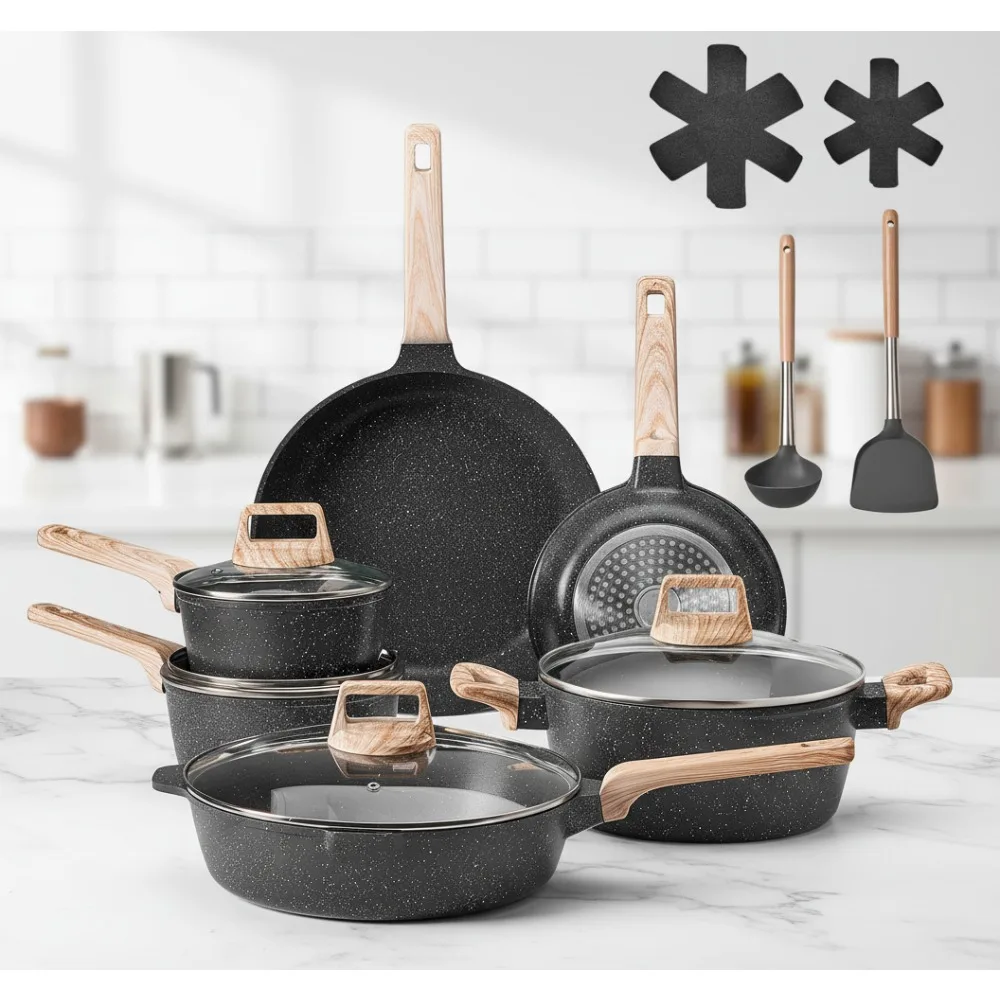 

17-Piece Nonstick Granite Cookware Set, Induction Compatible Pots & Pans with Glass Lids, Perfect for RV Kitchen & Home Cooking