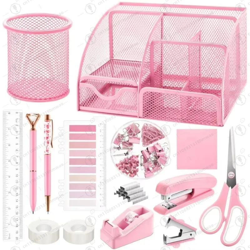 

Customized Color Desk Storage Device Set 11-piece Pink Office Supply Set Mesh Desk Storage Device Accessories Set