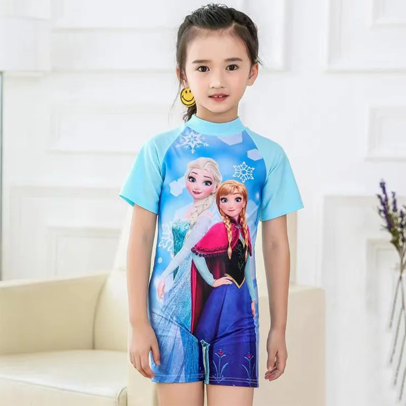 Disney Frozen Kids Swimsuit Kawaii Elsa Anna Sofia Princess Cosplay Children\'s Wear Sleeve Shorts One Piece Swimsuit with Hats