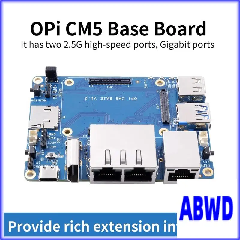 لوحة قاعدة WD-CM5 مع منافذ LAN 2X2.5G، ومنفذ 1Xgigabit LAN، وموصلات CM5 القياسية، ولوحة حامل CM5 لـ Orange Pi CM5