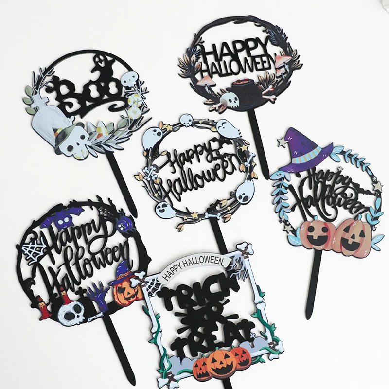 5pc Halloween Cake Decorations Witch Castle Pumpkin Bat Spider Ghost DIY Double Acrylic Cupcake Topper Halloween Party Supplies view 4