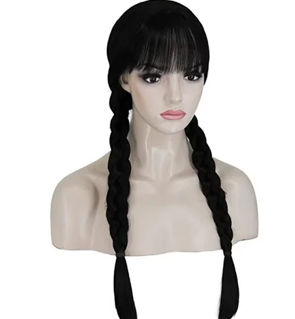 Wednesday Addams Cosplay Wig Movie Long Black Braids Hair with Bangs Halloween Party Accessory