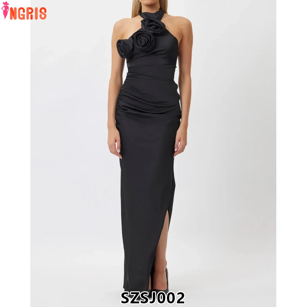 

2025 New Ribbon Flower Long Dresses Neck Shoulder Sexy Elegant Party Knitted Bandage Thin Wear Dresses-SZSJ002