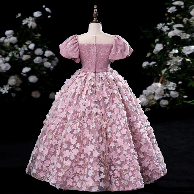 Luxurious Girl's Dresses Pink Petal embroidery Ball Gown Flower Girl dress For Wedding Birthday Party Pageant Long dress