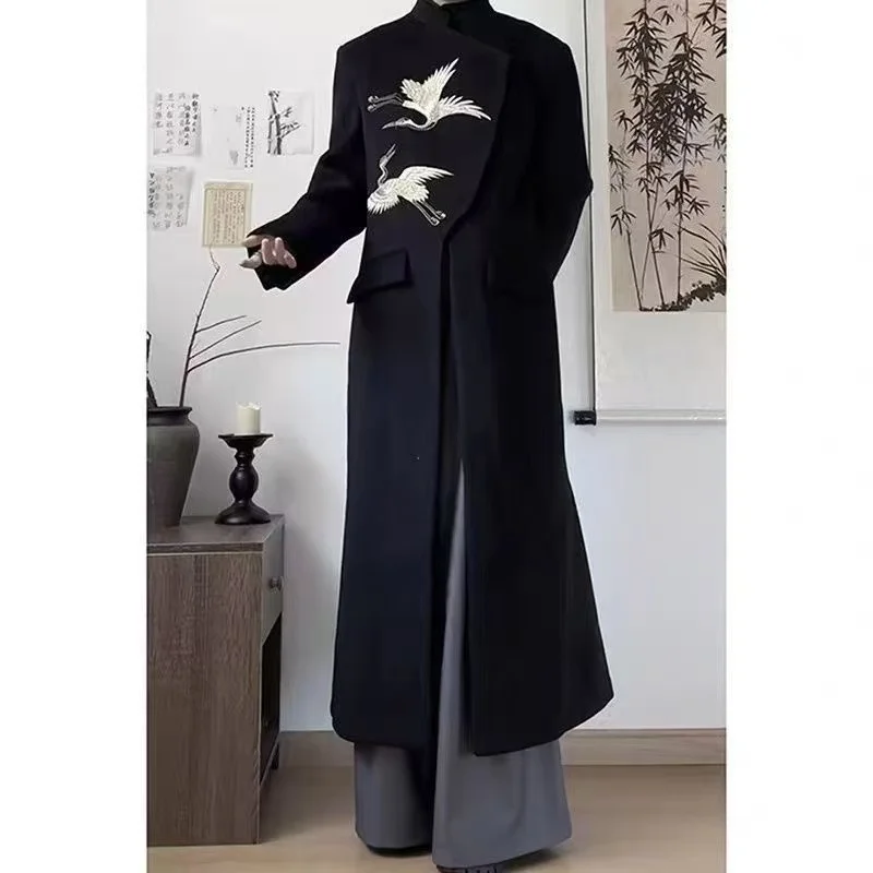 

Новое пальто с вышивкой журавля в китайском стиле, мужское осенне-зимнее длинное пальто с наклонной планкой, винтажная мода, черный мужской комбинезон Y2K