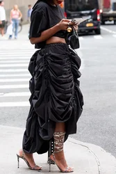 Plus Size Casual Two Piece Skirt Set for Women Fold Ruched Vintage Drawstring High Waist Irregular Skirt Vintage Summer