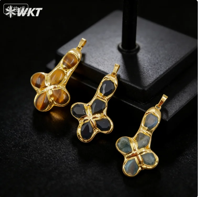 

WT-P1962 New Style Crucifix Shape Natural Colored Gemstone&Pearl Yellow Brass Plated Jewelry Finding Accessories Pendant