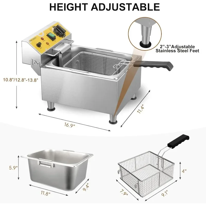 Fritadeira Elétrica com Cesta e Tampa, Bancada de Aço Inoxidável, Casa e Comercial, 10L Grande Capacidade