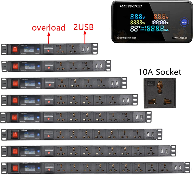 

Smart Power Strip Digital voltage measuring instrument Network Cabinet Mount Power Distribution Unit Universal Socket 2USB Port