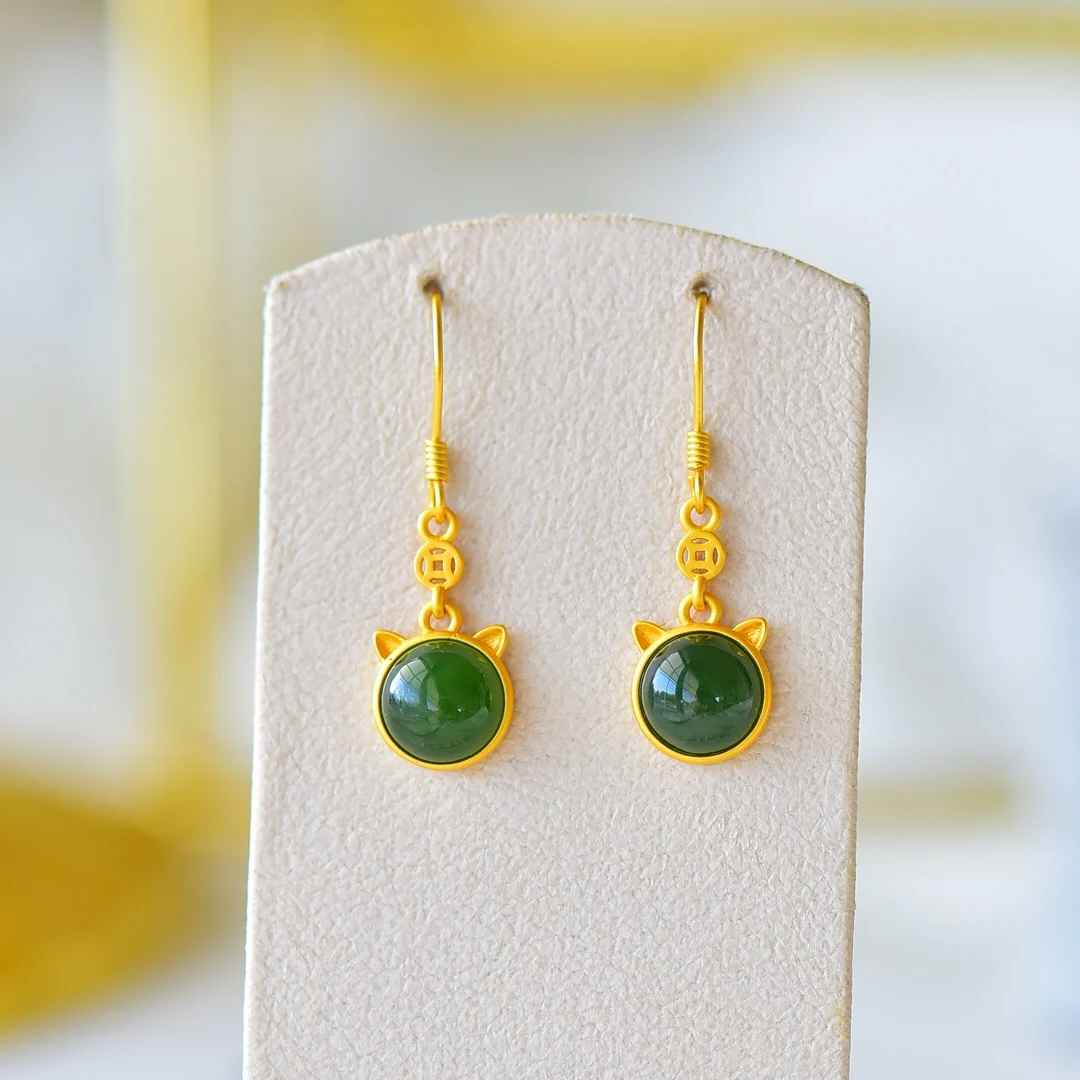 

12214-6# Enamel Sweet Lady Women Bead HETIAN Green Jade S925 Pure Silver Natural Nephrite Cheongsam Earrings