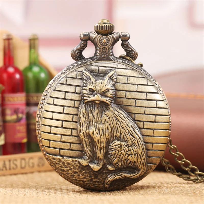 Vintage Carved Cat Pocket Watch Quartz Pendant Clock Vintage Fob Watch with Chain for Women Men Perfect Gift for Cat Lovers