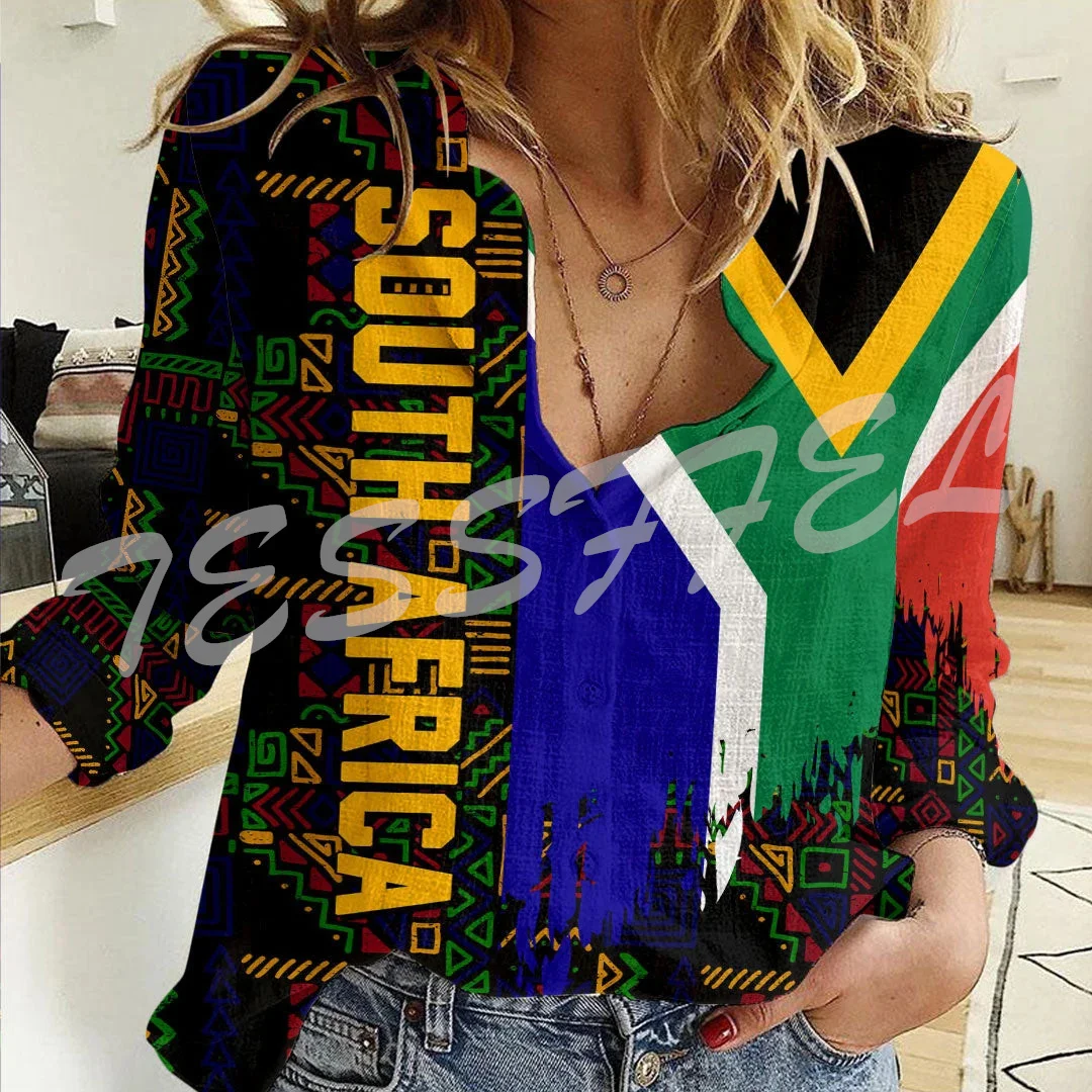 

South Africa Country Flag Tattoo Tribe Retro Vintage Streetwear 3DPrint Harajuku Women Casual Button-Down Shirts Long Sleeves A8