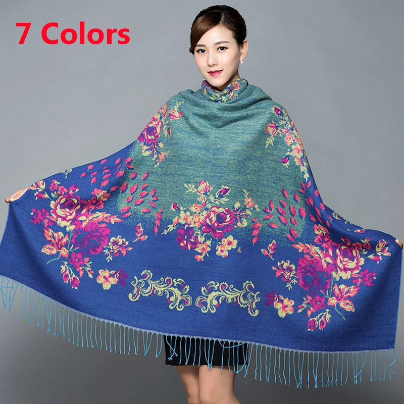 

Tassel Embossing Flower Women Large Square Winter Scarf National Thicken Windproof Blanket Outwear Warm Cashmere Scarves Shawl