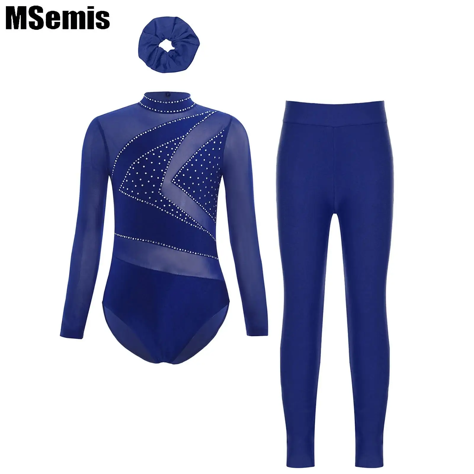 

Kids Girls Gymnastics Sets Figure Skating Sheer Mesh Cutout Back Sparkly Rhinestone Leotard with Leggings And Hairband