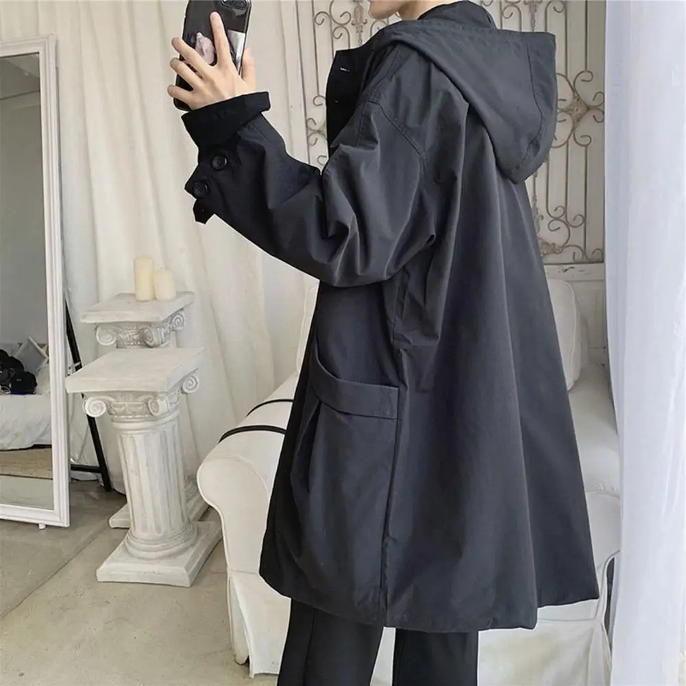 Men Windbreaker Coat Hooded Long Sleeve Zipper Placket Trench Coat With Pockets Solid Color Loose Fit Mid-length Male Outwear