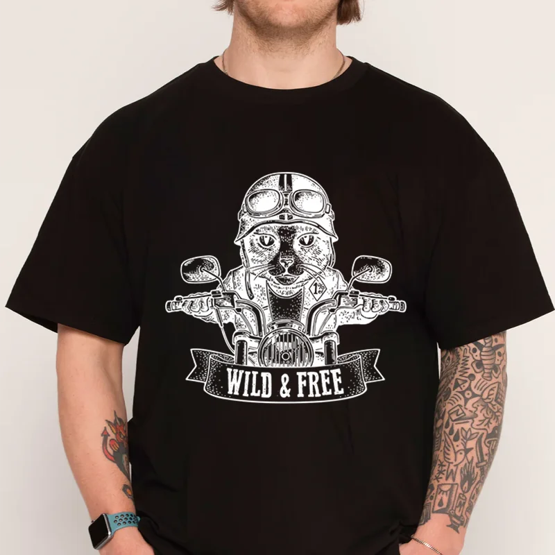 

Крутая винтажная мотоциклетная футболка Cat Rider, новая модная хлопковая мужская повседневная футболка с коротким рукавом и круглым вырезом