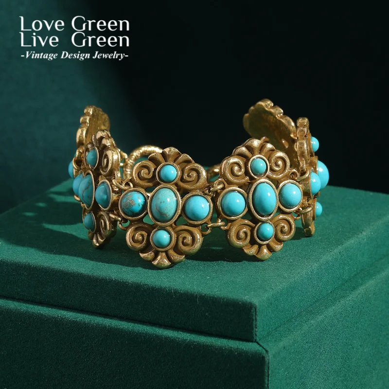 

Bohemian Jewelry Vintage Turquoise Bracelets Woman Accessories Antique Gold Color Charms Natural Stone Chinese Style 2025 New