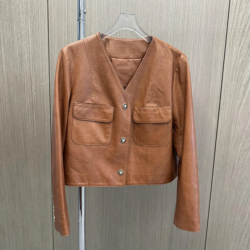 Giacca di lusso in vera pelle cerata di pelle di pecora di livello A per le donne Giacche casual in vera pelle da donna monopetto con scollo a V chic