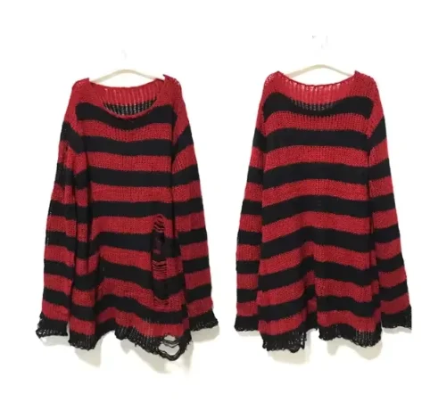 Y2K Harajuku Striped Sweater Women  Hollow Out Knitted Sweater Female Fashion Hole Broken   Streetwear