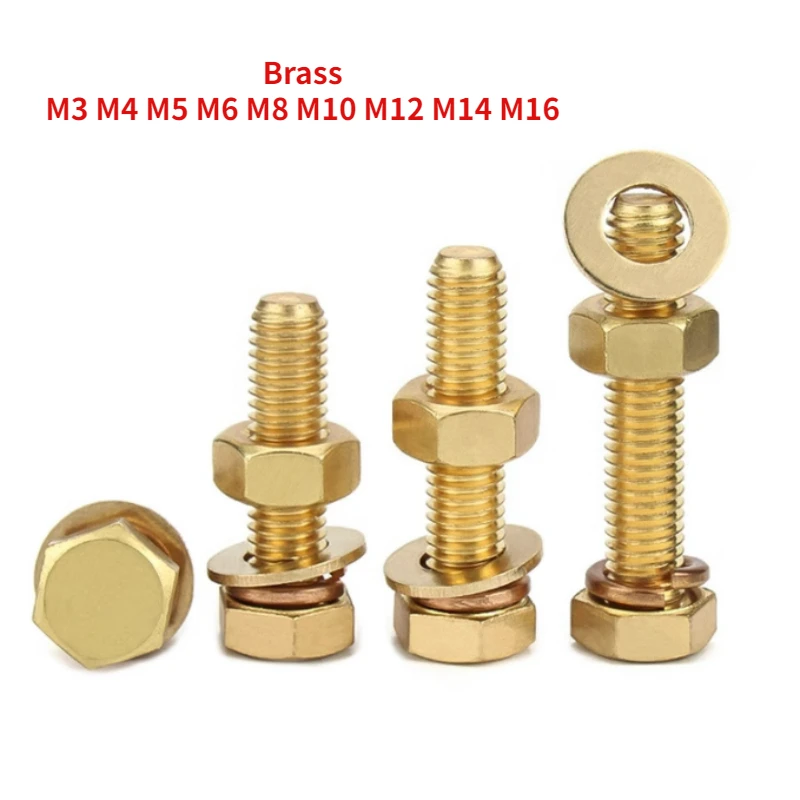 Brass Outer Hexagonal Bolt Machine Screw Nut Flat Washer Elastic Washer Combination Set M3 M4 M5 M6 M8 M10 M12 M14 M16