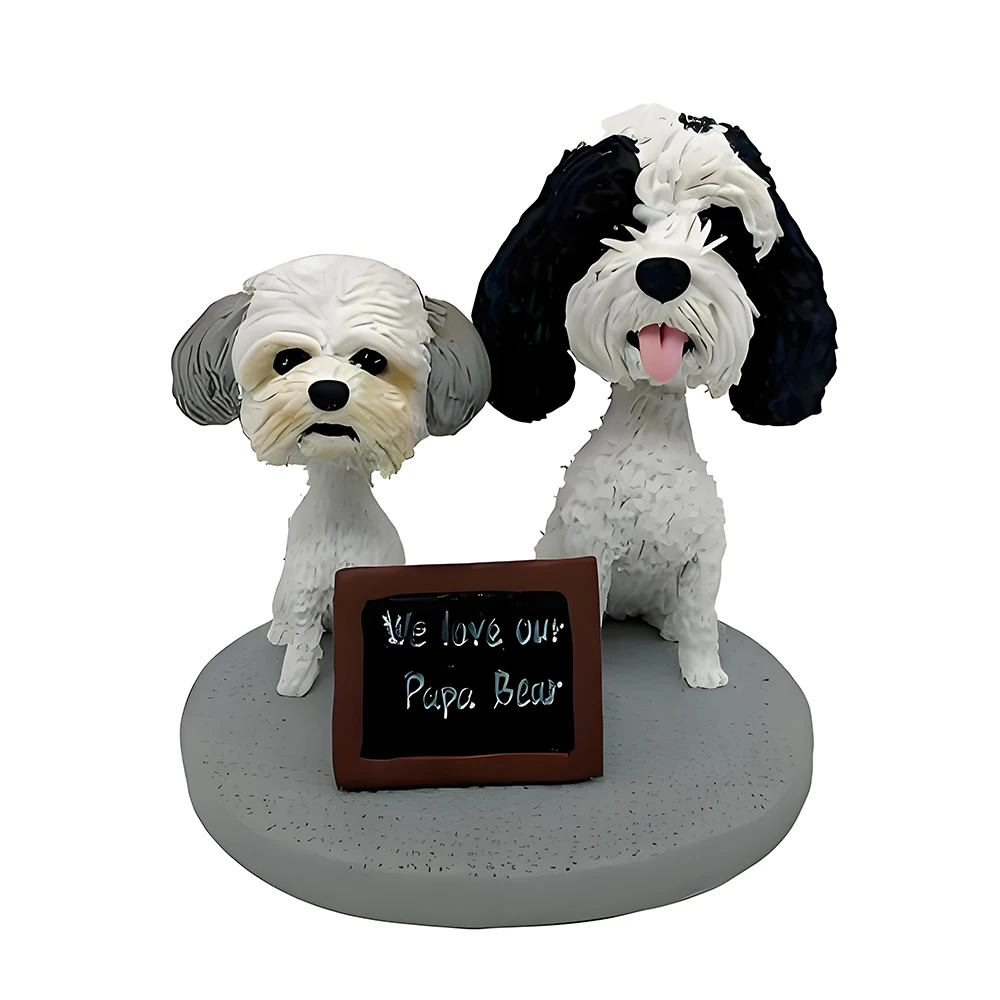 Custom Pet Bobblehead Figurine, Two Dogs with Message Board, Decorative Display Stand, Handmade Statue Office Decoration