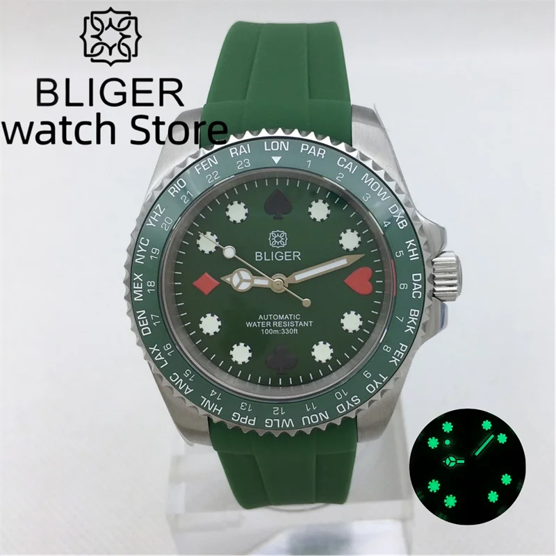 

BLIGER 40mm men's watch NH35 Automatic movement New poker pattern dial Green luminous sapphire glass green bezel rubber strap