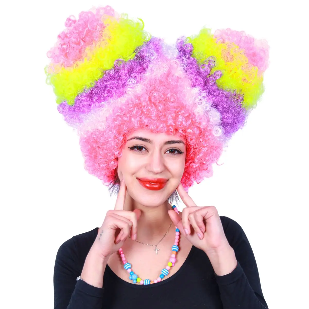 Pink Yellow Purple Mixed Synthetic Curly Fluffy Heart Shape Wig Cosplay Halloween Party Costume Role Play