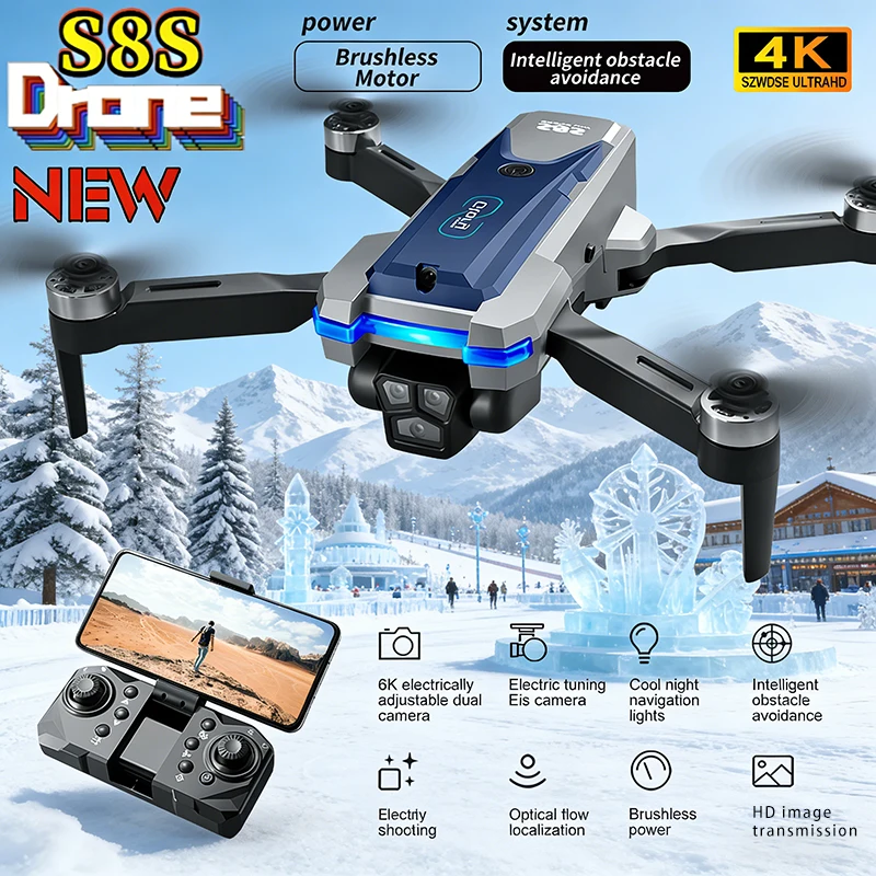 

New Drone S8S 4K HD Dual lens Camera Aerial photography Brushless Obstacle avoidance Optical flow positioning RC Drones Toy Gift