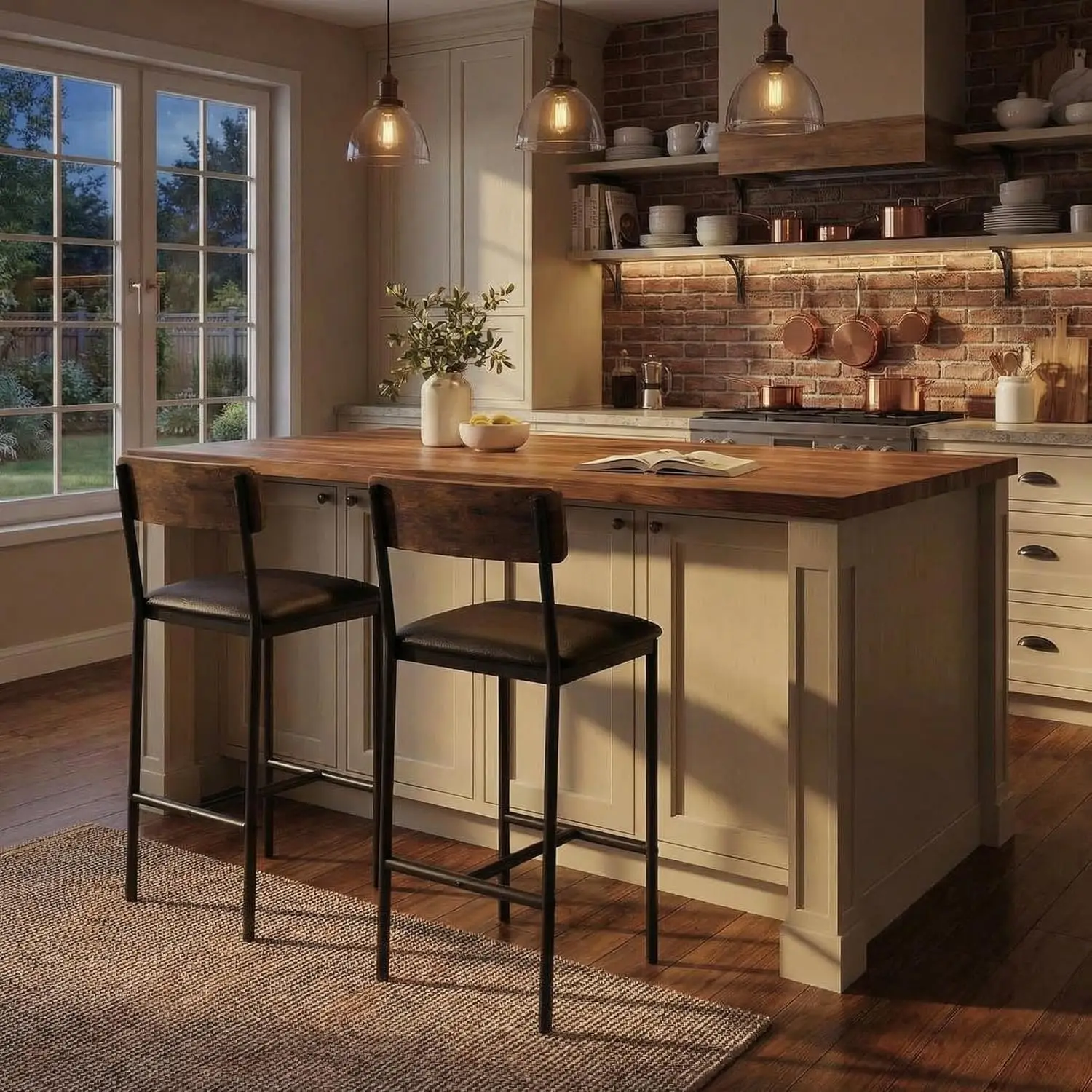 Set of 2 Rustic Brown Bar Stools with Back and Footrest, 25.5 Inches Counter Height for Kitchen Island, Easy Assembly